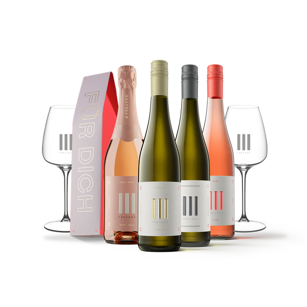 III Freunde Oster-Bundle mit Grauburgunder, Riesling, Rosé, Sekt und Weingläsern